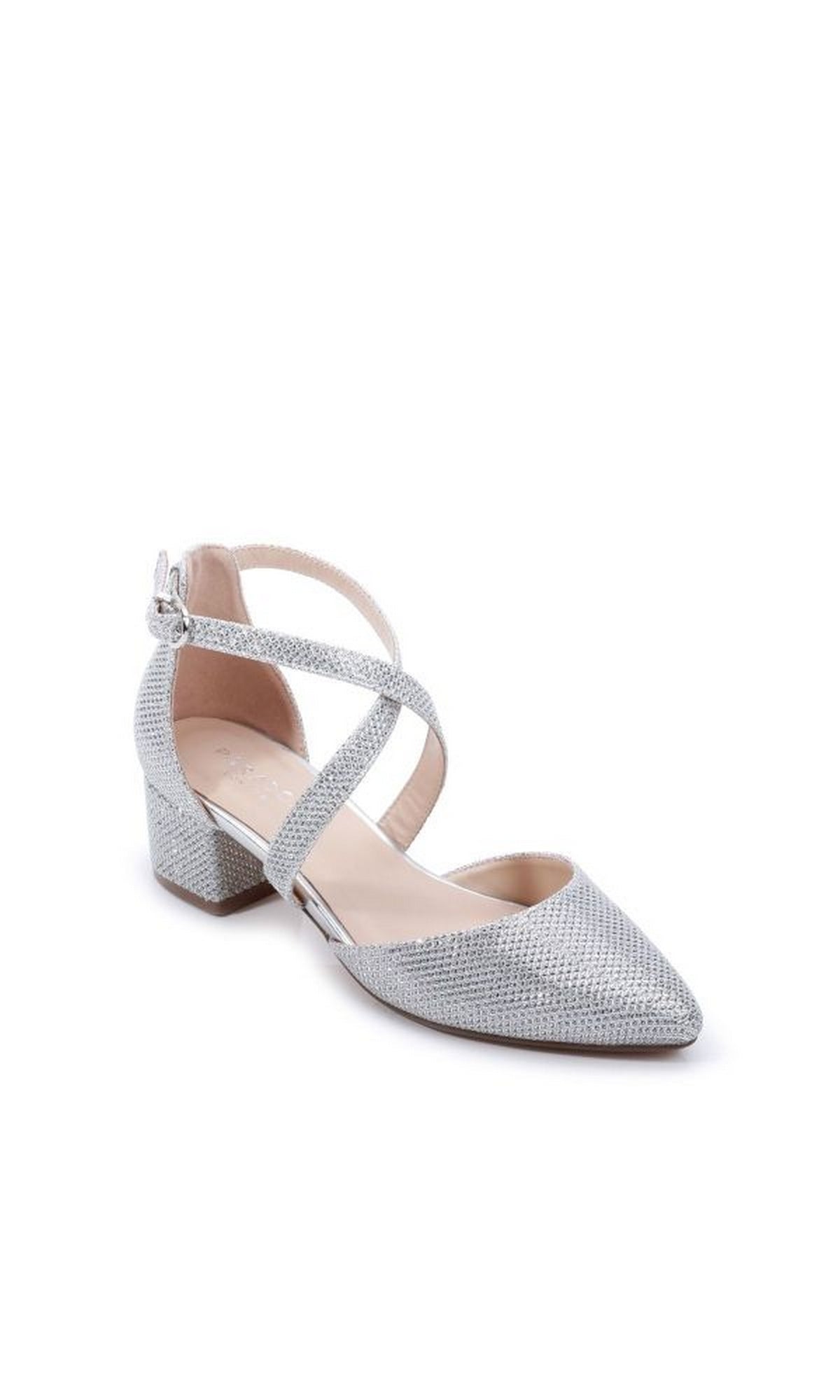 Shine at your next event in the Francis Silver P2228 Closed-Toe Prom Shoes, featuring a low block heel and crisscross ankle straps with buckle closure for an elegant touch.